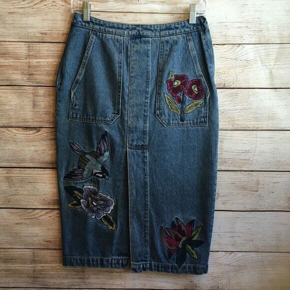 VINTAGE HONEY PUNCH EMBROIDERED JEAN SKIRT‎ - Picture 1 of 9